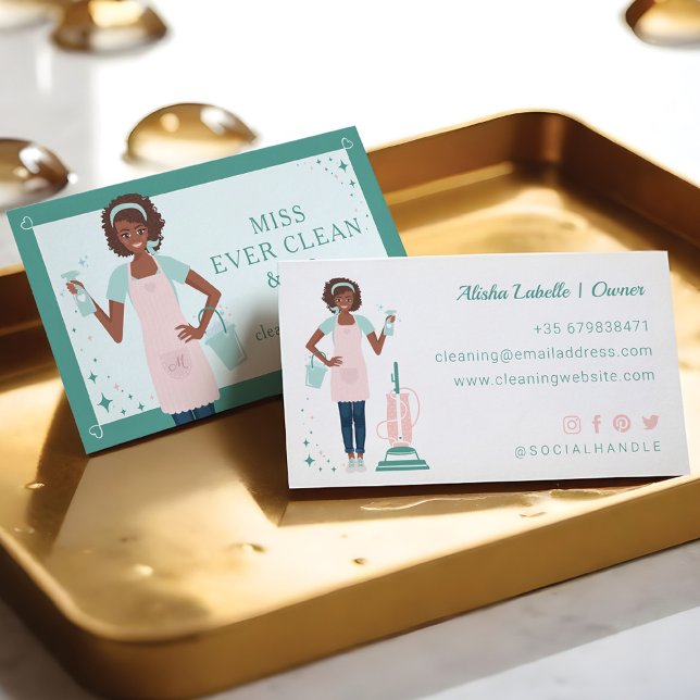 Tarjeta De Visita Limpieza de mujeres negras y servicios de doncella (Modern Pretty Black Woman Cleaning & Maid Services )