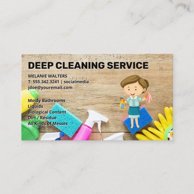 Tarjeta De Visita Limpieza de suministros en la tabla | Maid Lady (Anverso)