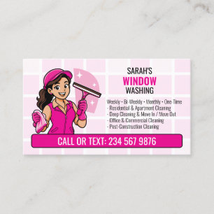 Tarjeta De Visita Limpieza de Ventanas Rosa QR Niña Dibujo