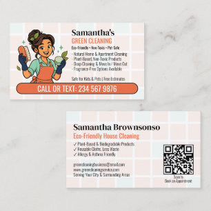Tarjeta De Visita Limpieza ecológica verde QR Cartoon Natural Mai