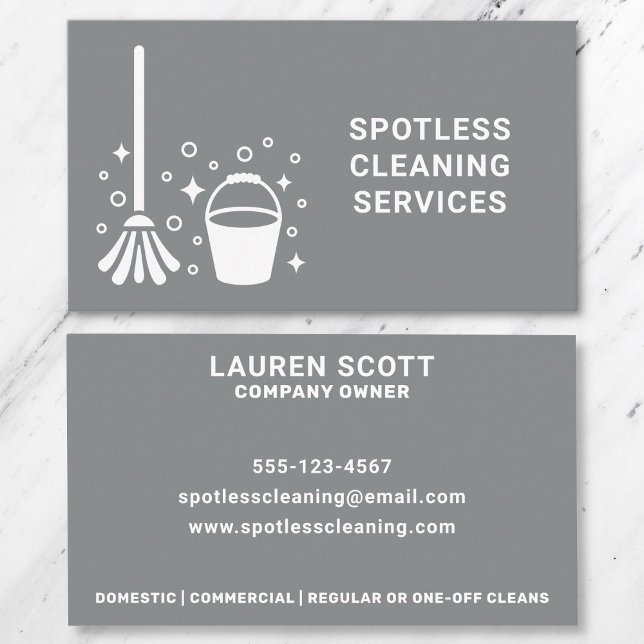 Tarjeta De Visita Limpieza Mop Y Cubo Gris Negrita (Front and back of business card on a marble background.)