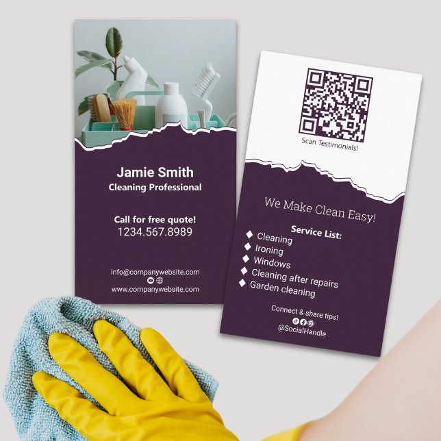 Tarjeta De Visita Limpieza profesional Casa Blanco morado (Professional House Cleaning Purple White Business Card - Portrait - Image - QR code - List)