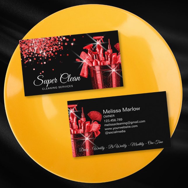 Tarjeta De Visita Limpieza profesional de casas (red glitter and shiny cleaning tools in a bucket)