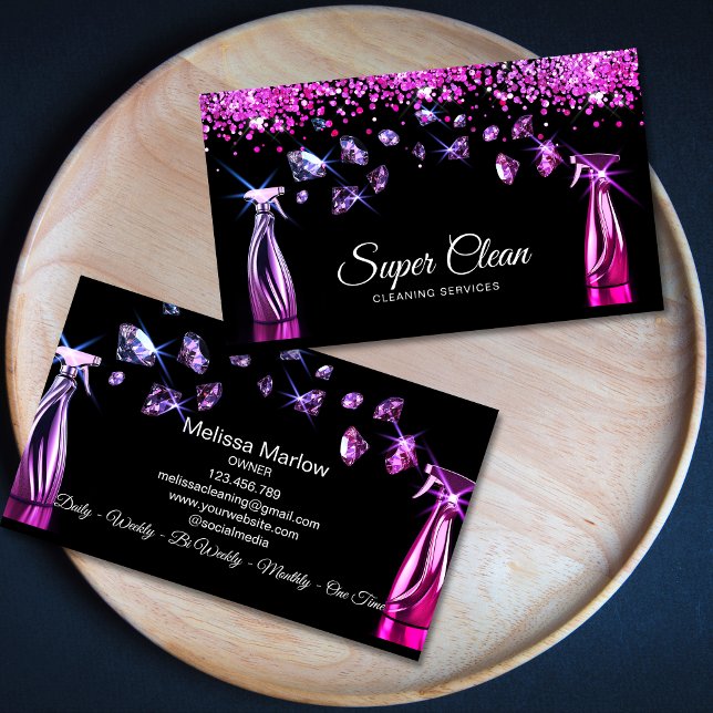 Tarjeta De Visita Limpieza Profesional de Hogares Servicio de Limpie (two rose gold house cleaning spray bottles spraying diamonds, black background, luxury feel)
