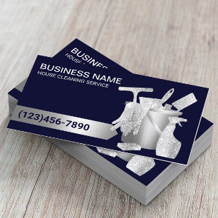 Tarjeta De Visita Limpieza profesional de la marina azul y plateado