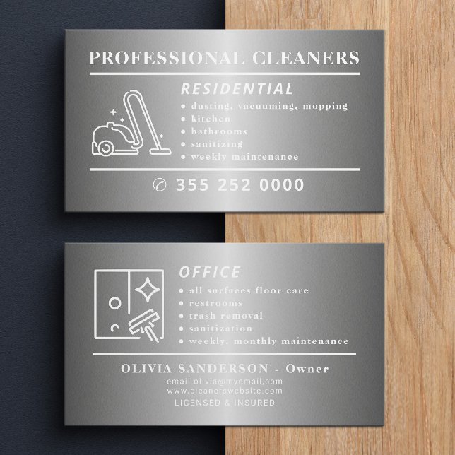 Tarjeta De Visita Limpieza profesional moderna plateada (Subido por el creador)