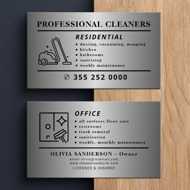 Tarjeta De Visita Limpieza profesional moderna plateada (Subido por el creador)