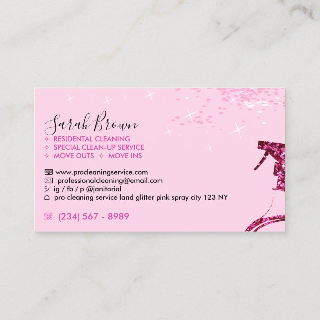 Tarjeta De Visita Limpieza rosa de doncella para spray (Reverso)