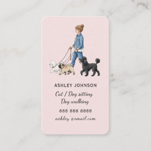 Tarjeta De Visita Linda niña de rosa sonrojado paseando perros Pasea