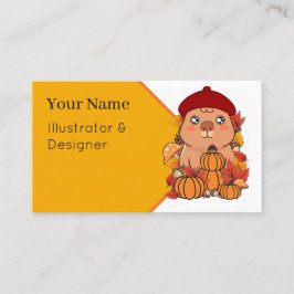 Tarjeta De Visita Lindo capybara de otoño con calabazas y boina roja