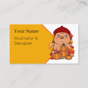 Tarjeta De Visita Lindo capybara de otoño con calabazas y boina roja