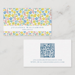 Tarjeta De Visita Lindo código QR floral moderno azul y amarillo
