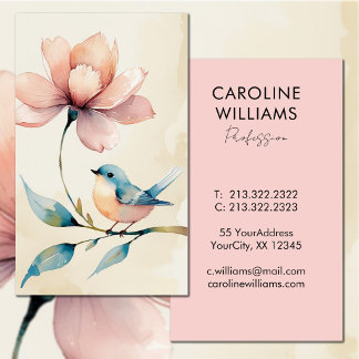 Tarjeta De Visita Lindo pájaro azul flor rosa acuarela