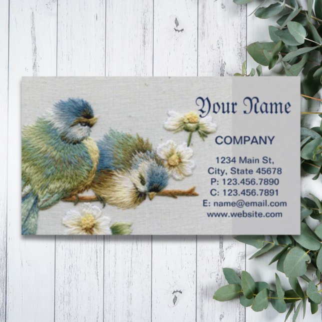 Tarjeta De Visita lindo pájaro floral verde azulado de menta verde b (cute floral teal mint green embroidery bird business card)