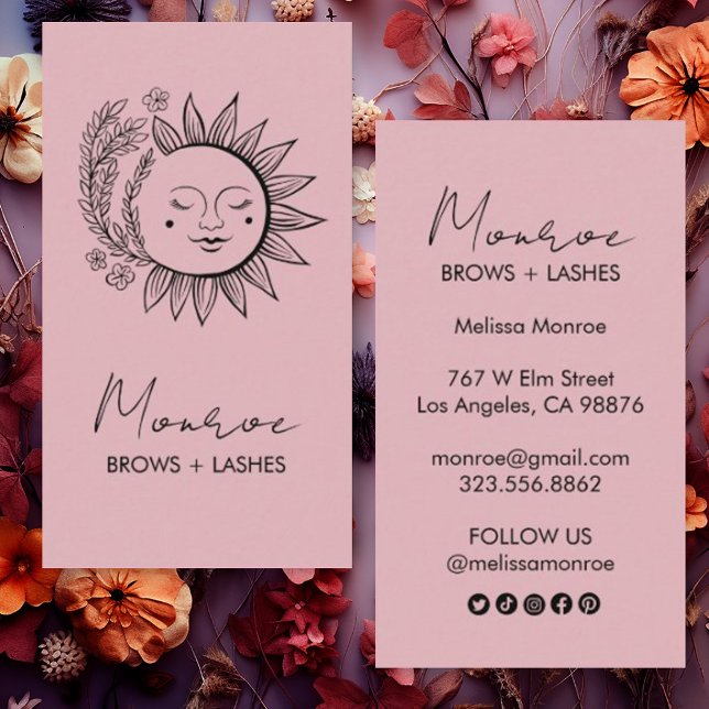 Tarjeta De Visita Línea Boho de Flor Solar Arte Elegante Moda Icono  (Custom business cards with social media icons and art of sun and flowers)
