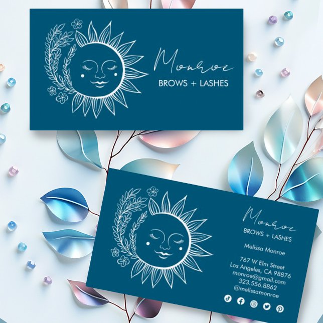Tarjeta De Visita Línea Boho de Flores Solares Arte Elegante Iconos  (Hand drawn suns with botanical elements decorate these custom business cards with social media icons)