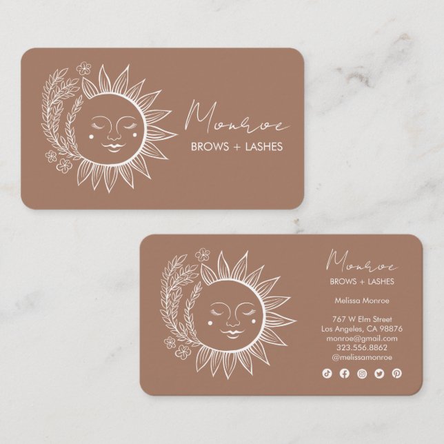 Tarjeta De Visita Línea Boho de Flores Solares Icono social elegante (Anverso / Reverso)