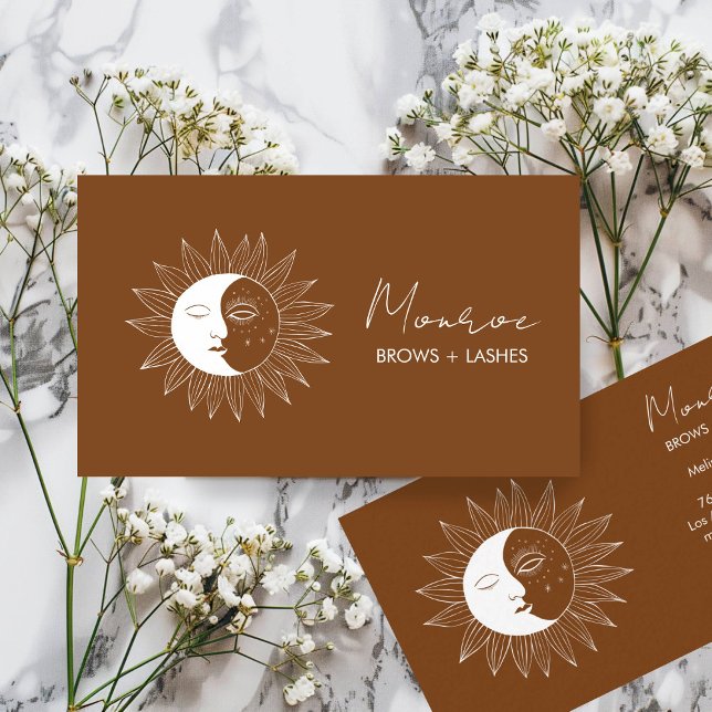 Tarjeta De Visita Línea de arte Sun & Moon Boho Elegante Earthy Soci (Sun & Moon Boho Line Art Elegant Earthy Social Media Icons Business Card Brown
)