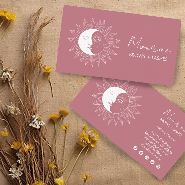 Tarjeta De Visita Línea de arte Sun & Moon Boho Icono social elegant (Boho moons and suns on mauve pink. Customize these business cards and edit the social icons too!)