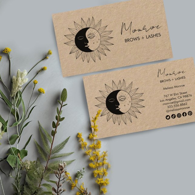 Tarjeta De Visita Línea de arte Sun & Moon Boho Icono social elegant (Boho drawing of moon and sun decorate these custom business cards with social icons. Fully editable)