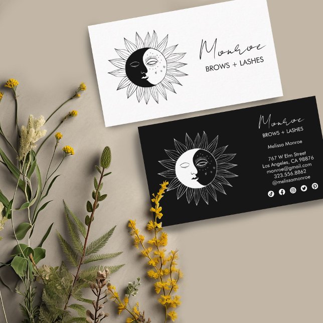 Tarjeta De Visita Línea de arte Sun & Moon Boho Iconos sociales B&W  (hand-drawn sun and moon image decorates these custom business cards. Change the text and colors)
