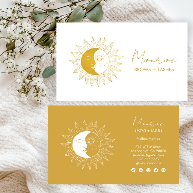 Tarjeta De Visita Línea de arte Sun & Moon Boho Iconos sociales eleg (Sun & Moon Boho Line Art Elegant Gold Social Icons Business Card
)