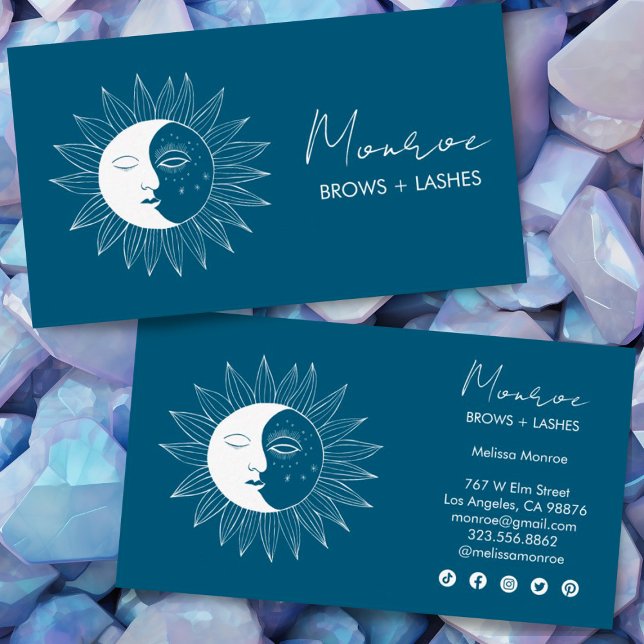 Tarjeta De Visita Línea de arte Sun & Moon Boho Iconos sociales Verd (Make these business cards shine by adding your details and customizing the social media icons.)