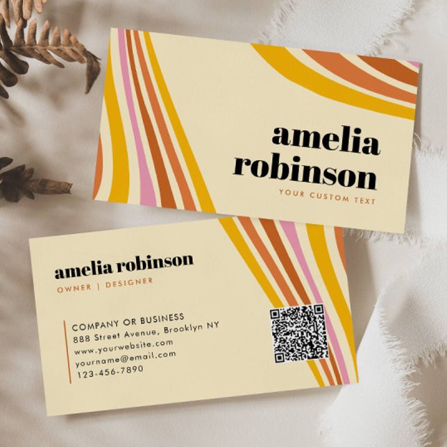 Tarjeta De Visita Líneas de boho rosado amarillo marrón mostaza retr (Subido por el creador)
