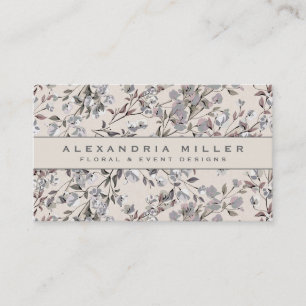 Tarjeta De Visita Linen Beige y Patrón Floral Gris Elegante