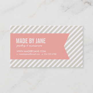 Tarjeta De Visita Linen Beige y Rayas Modernas Rosa & Cinta