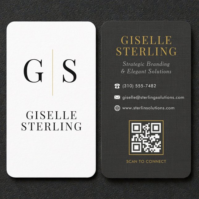 Tarjeta De Visita Linen Black White Gold Monogram QR Code (Subido por el creador)