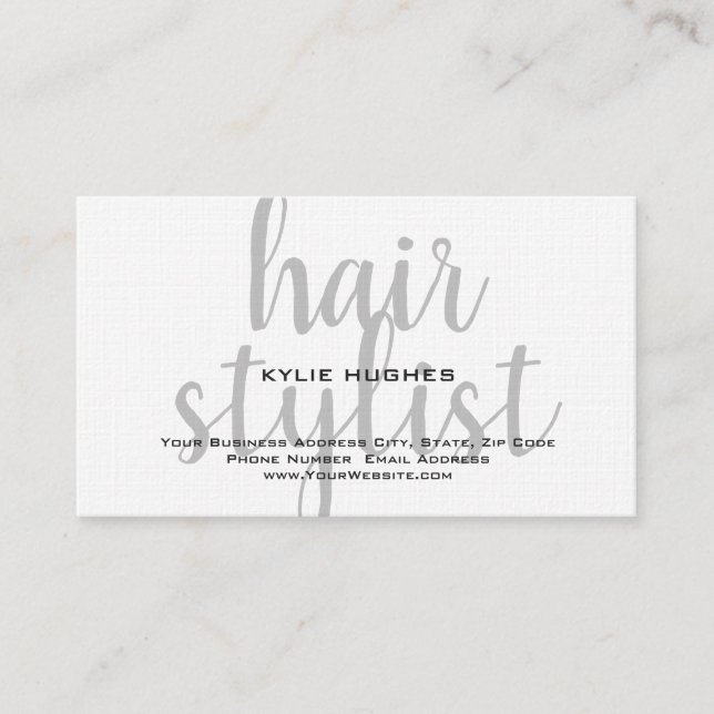 Tarjeta De Visita Linen Handwriter Hair Stylist Profesional (Anverso)