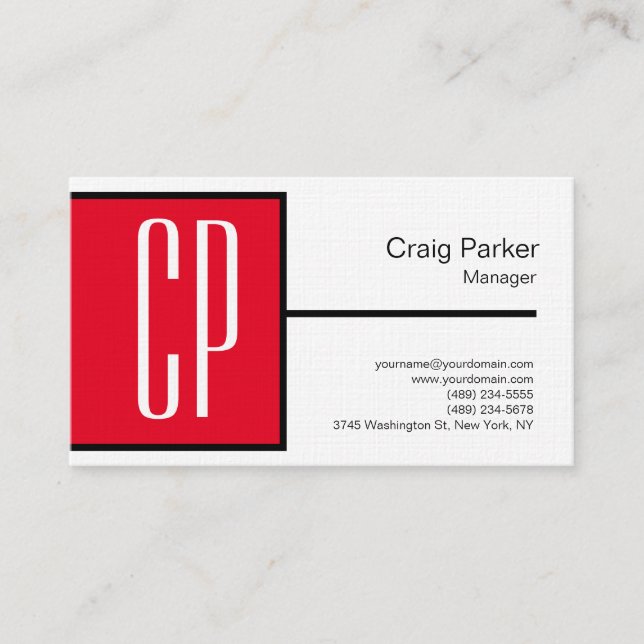 Tarjeta De Visita Linen Modern Black White Red Monograma Profesional (Anverso)