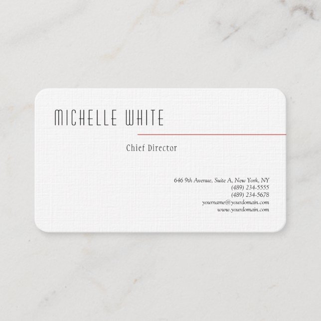 Tarjeta De Visita Linen Plain Elegant White Profesional Moderno (Anverso)