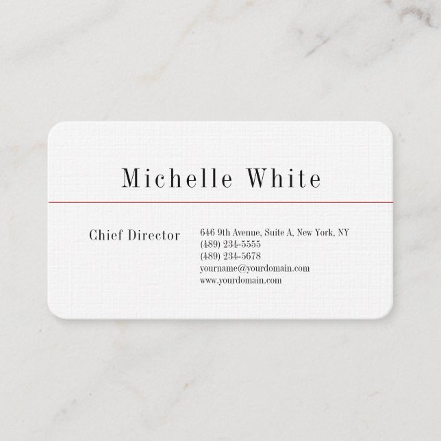 Tarjeta De Visita Linen Plain Elegant White Profesional Moderno (Anverso)