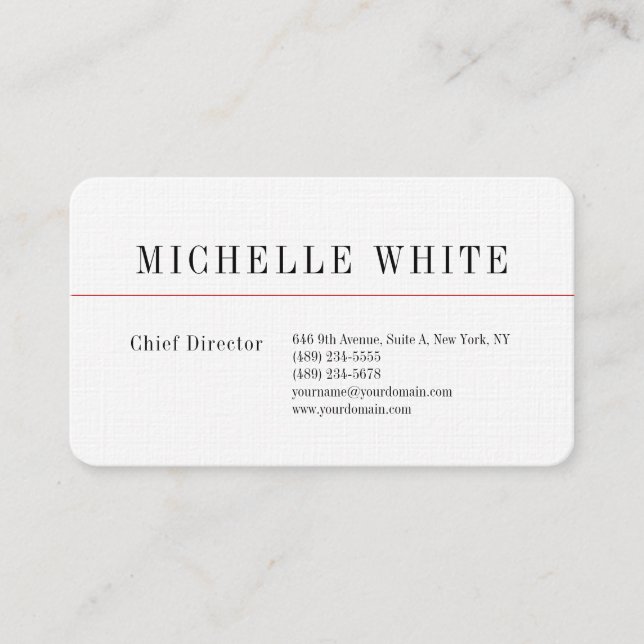 Tarjeta De Visita Linen Plain Elegant White Profesional Moderno (Anverso)