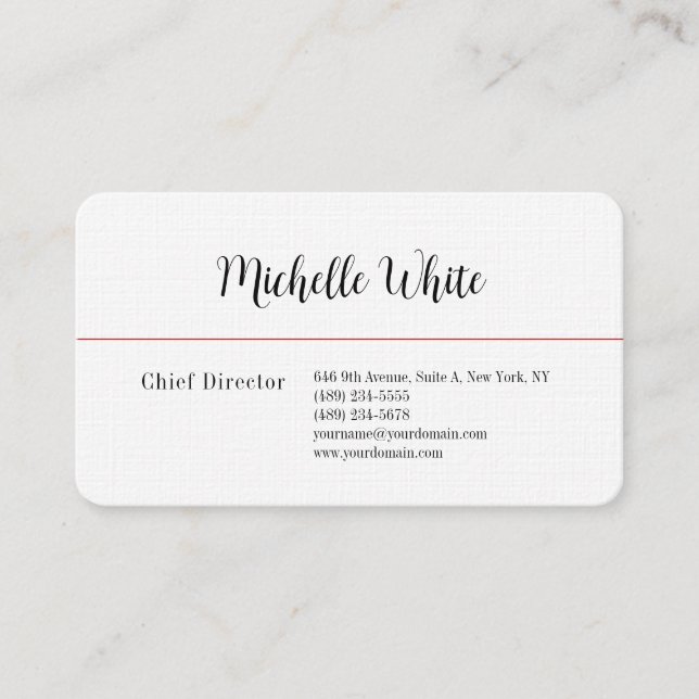 Tarjeta De Visita Linen Plain Elegant White Profesional Moderno (Anverso)