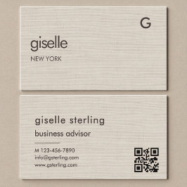 Tarjeta De Visita Linen QR Code Minimalist Monogram 