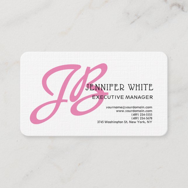 Tarjeta De Visita Linen Rosa Monograma Blanco Feminino Moderno (Anverso)