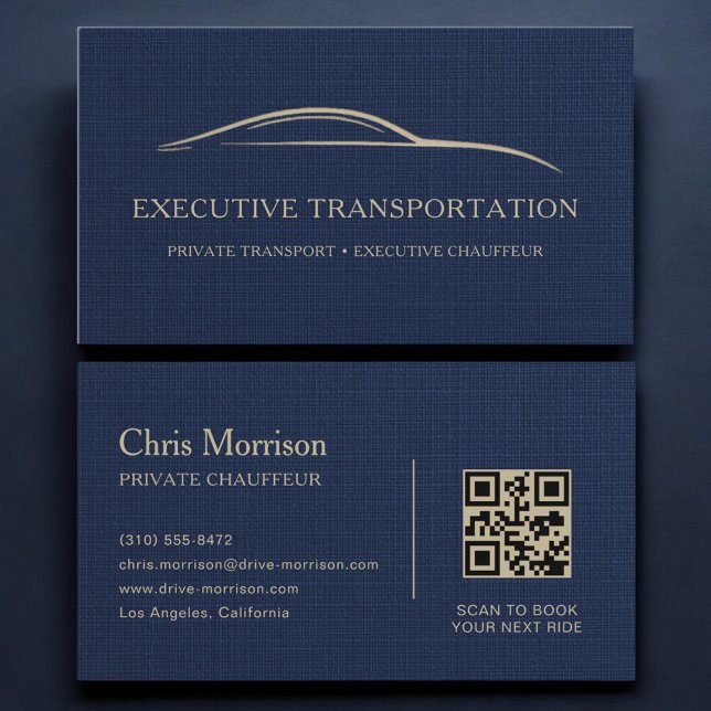 Tarjeta De Visita Linen Transport Car QR Code Navy Blue & Gold (Subido por el creador)