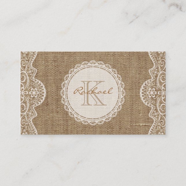 Tarjeta De Visita Linon Burlap White Lace Monograma Contacto persona (Anverso)