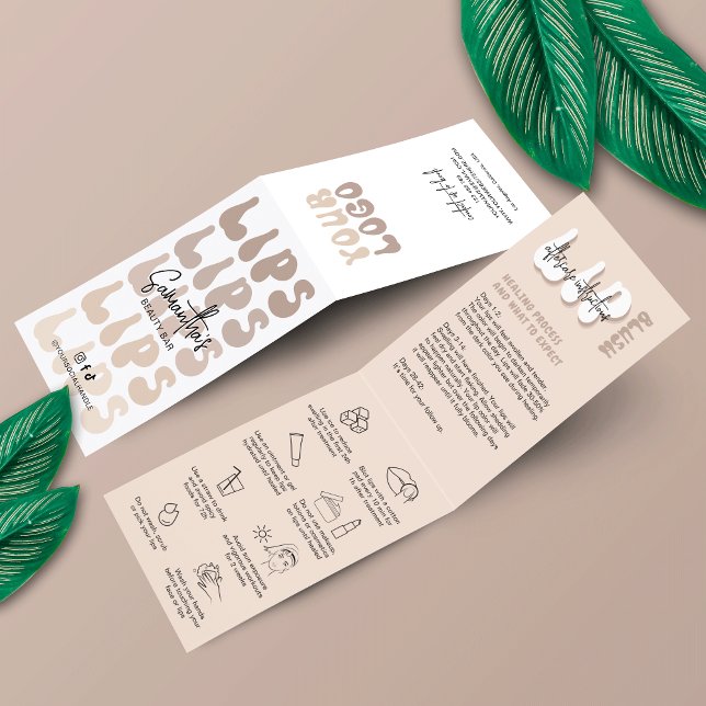Tarjeta De Visita Lip Rubor Care Instructions Retro Beige Logo PMU (Lip Blush after care instructions cards in trendy design with care icons and space for your logo)