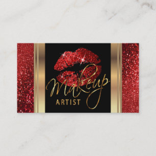 Tarjeta De Visita Lips de Purpurina rojo y elegante guión dorado