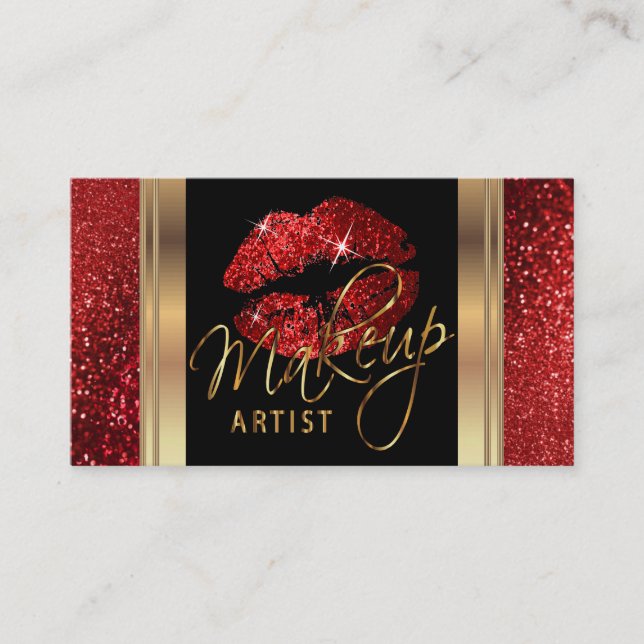 Tarjeta De Visita Lips de Purpurina rojo y elegante guión dorado (Anverso)