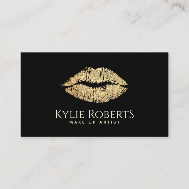 Tarjeta De Visita Lips Gold Black Elegant Makeup Artist Beauty (Anverso)
