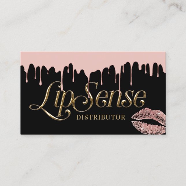 Tarjeta De Visita LipSense Distributor Guión 3D Rosa Oro Dripping (Anverso)