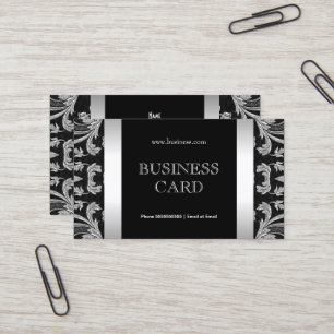 Tarjeta De Visita Liso Simple Floral Damask Negro Plata 2