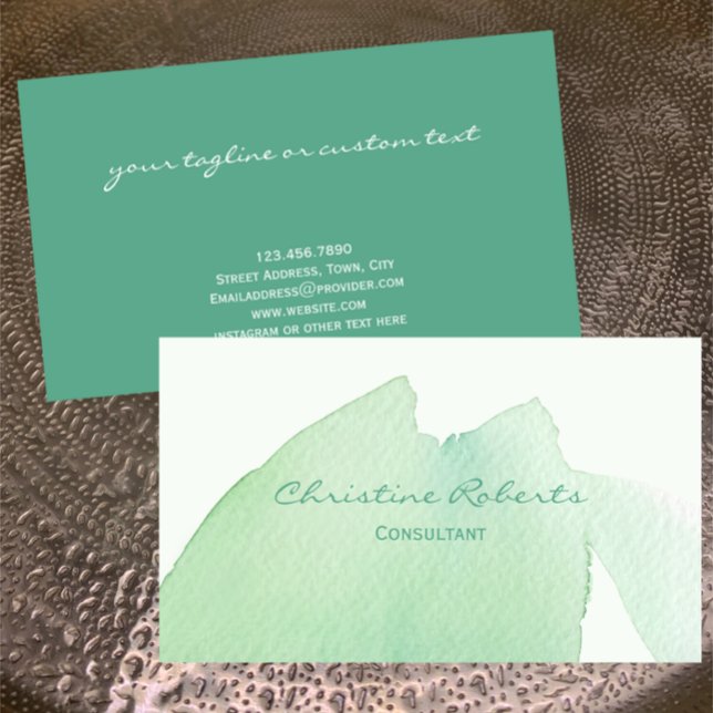 Tarjeta De Visita Llamada a acuarela turquesa moderna original (Light fresh green aqua watercolor original painted business card template, beautician, consultant.)