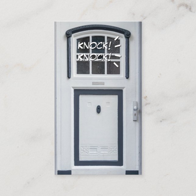 Tarjeta De Visita Llamando a la puerta blanca, divertido abridor de  (Anverso)