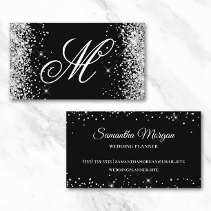 Tarjeta De Visita Llamativo Glitter Plateado y Monograma Elegante en